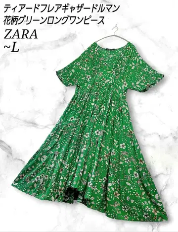 ZARA 티어드 플레어 돌먼 꽃무늬 그린 롱 원피스
