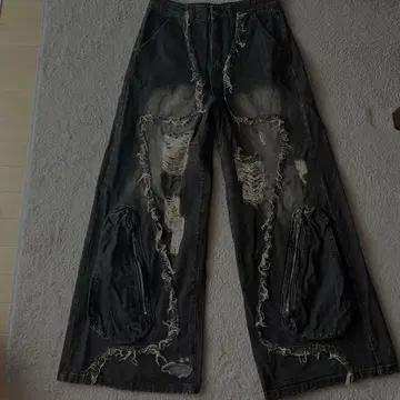 데미지 가공 와이드 레그 데님 팬츠 다크 그레이