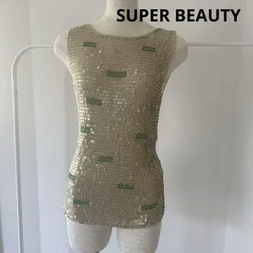 슈퍼 뷰티 스팽글 비즈 베이지 슬리브리스 탑