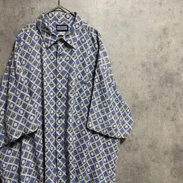 90년대 빈티지 반팔 패턴 셔츠 레이온 남성용 XL 구제 의류 개성파