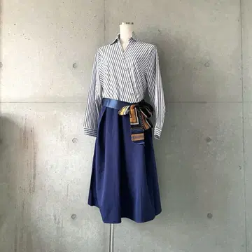 하자품 택 포함 스카프 벨트 스트라이프 셔츠 카슈쿨 원피스 M