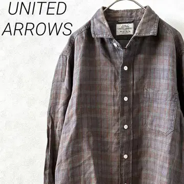 UNITED ARROWS 셔츠 긴팔 체크 무늬 린넨 100% 가슴 포켓
