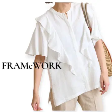 FRAMeWORK 린넨 레이온 프릴 블라우스 화이트 반팔