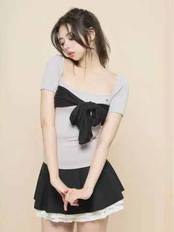 낸시 리본 톱 핑크 베이지