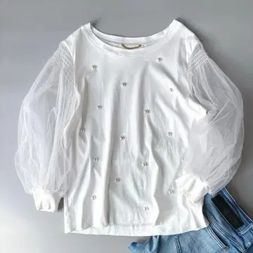 새상품급 무베르 펄 얇은 명주 소매 풀오버 화이트 코튼 개더