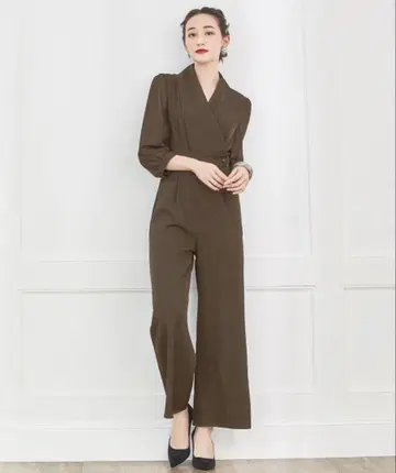 브라운 V넥 긴팔 점프 수트