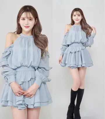 다리치 볼륨 쉬폰 미니 원피스 색스 블루