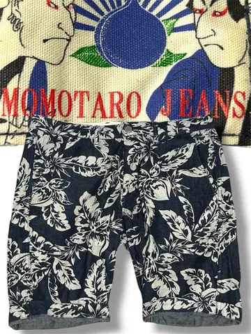 Momotaro Jeans / 복숭아 패턴 하프 팬츠