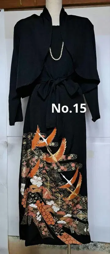 블랙 전통 예복 기모노 리메이크 볼레로 포함 롱 드레스 학 자수