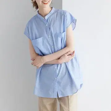 슬로브 이에나 밴드 카라 슬리브리스 스트라이프 셔츠 블루 프리 사이즈