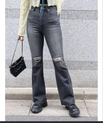 EVRIS 슬림 플레어 데미지 데님 팬츠 블랙 M 사이즈 택 포함 새상품