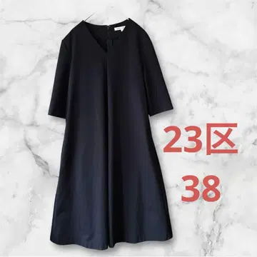 23구 A 라인 플레어 원피스 38 반팔 V 넥 네이비 네이비