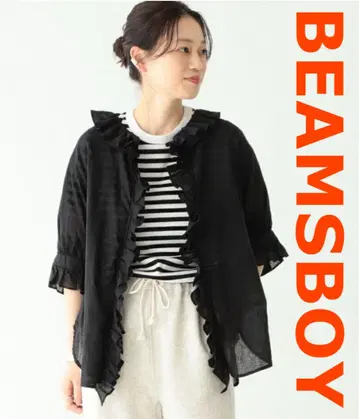 BEAMS BOY 프릴이 달린 블랙 셔츠 반소매 코튼 린넨