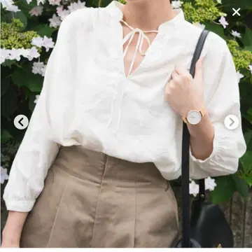 유니클로 린넨 블렌드 개더 블라우스 7부 소매 화이트 M