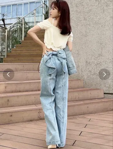 RESEXXY 리젝시 백 리본 데님 팬츠 아이스 블루 M