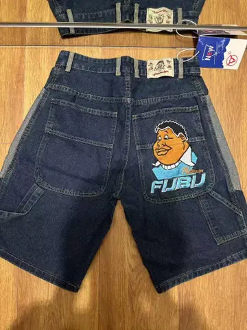 FUBU 캐릭터 자수 다크 데님 숏 팬츠 L