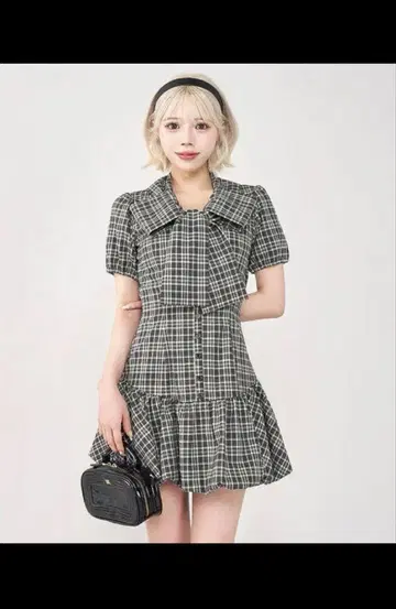 다리치 빅 리본 벌룬 체크 미니 원피스 블랙