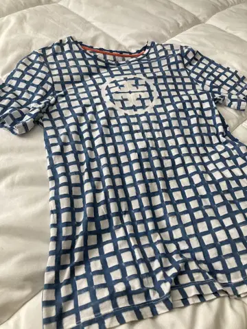 Tory Burch 파랑과 화이트 체크 무늬 반팔 티셔츠