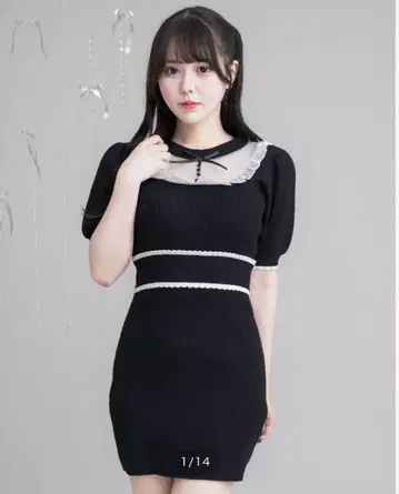 pium 튤 프릴 도리 니트 퍼프 원피스