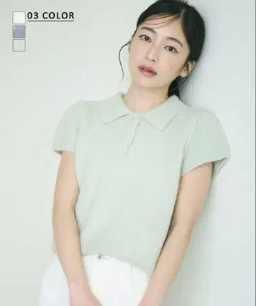 민트 컬러 카라 부착 반팔 니트