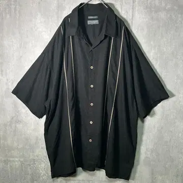 빅 실루엣 린넨 라인 셔츠 블랙 우드 버튼