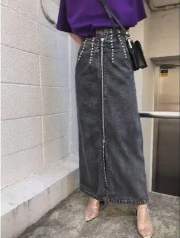 ameri vintage 데님 스커트 스터드 블랙