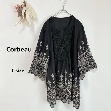 코르보 Corbeau 스키퍼 튜닉 셔츠 스캘럽 자수 L 블랙