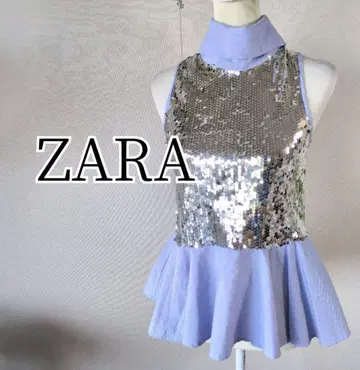 ZARA 스트라이프 패턴 플럼 블라우스 스팽글 장식 모크넥