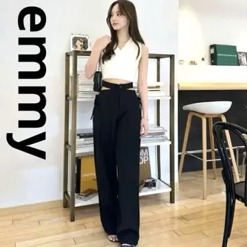 emmy 사이드 컷 턱 팬츠 와이드 팬츠 블랙 검정 하카마 팬츠