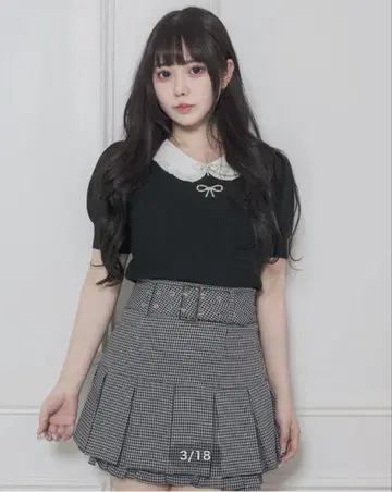 pium 비쥬 리본 카라 부착 니트 탑 블랙