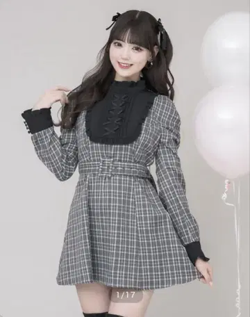 pium 요크 프릴 벨트 원피스 체크