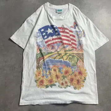 90s USA제 해바라기 국기 그림 아트 빈티지 티셔츠