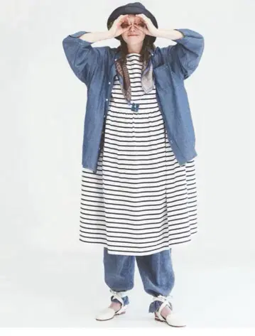 네스트로브 스트라이프 반팔 롱 원피스