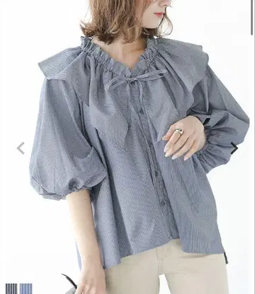 fit more 빅 칼라 볼륨 슬리브 스트라이프 셔츠 네이비