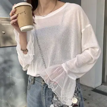 소매 레이스 절개 모듬 플레어 슬리브 시어 티