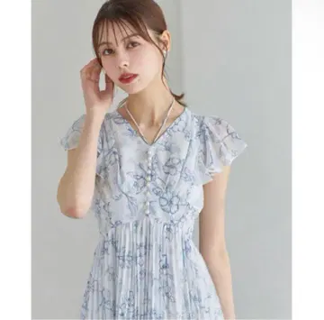 펄 장식 넥 리본 수채화 라인 플라워 플리츠 원피스 블루