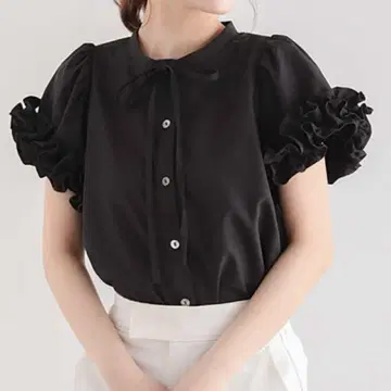 Fit more 핏 모어 볼륨 프릴 하프 슬리브 블라우스 블랙 블랙