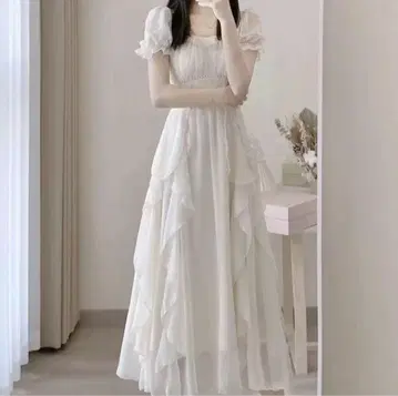 화이트 프릴 롱 드레스 반팔
