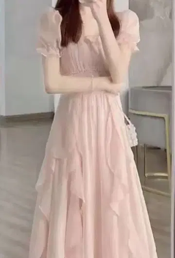 핑크 프릴 반팔 롱 원피스