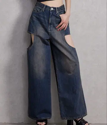 GYDA 하이 웨스트 사이드 오픈 데님 와이드 팬츠 블루