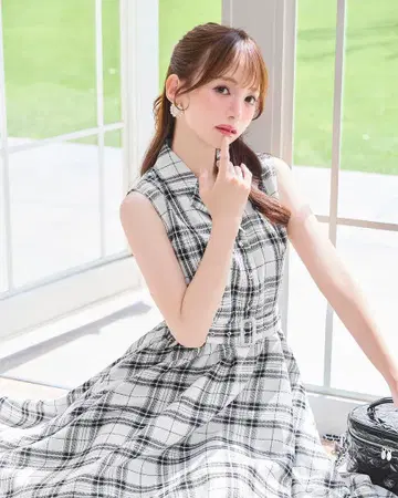 미셸 마카롱 벨트 체크 플레어 원피스 XS