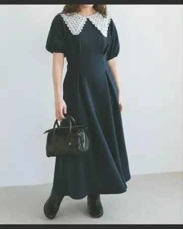 ECREL 자수 칼라 퍼프 슬리브 원피스 네이비