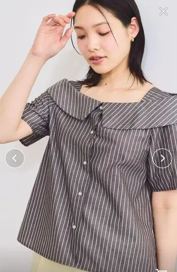 VIS 주름 방지 라메 믹스 오프숄더 스트라이프 셔츠