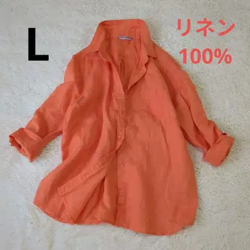 린넨 100% 오렌지 버튼 업 긴팔 셔츠 L