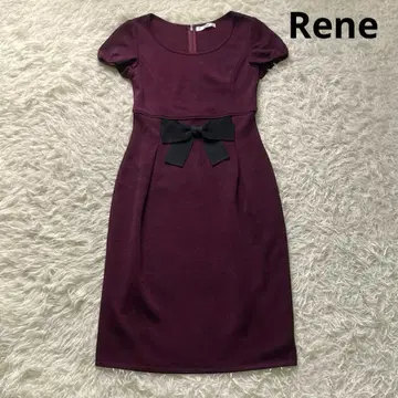 Rene 그로그랭 리본 퍼프 슬리브 니트 원피스 무릎 기장 사이즈 34