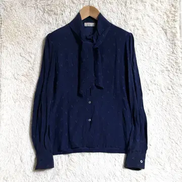 Aquascutum 아쿠아 스큐텀 리본 타이 셔츠 블라우스 실크 네이비