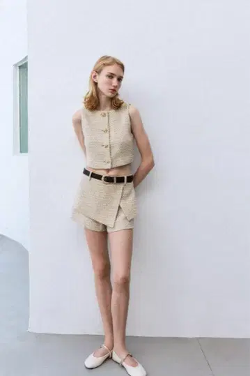 ZARA 텍스처 크롭 베스트 벨트 스커트 팬츠 세트업
