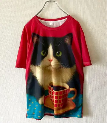 고양이 프린트 티타임 앤티크풍 티셔츠 회화