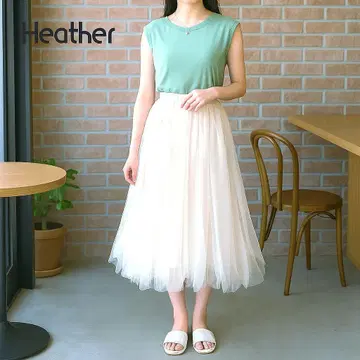 Heather 랜덤 얇은 명주 그물 스커트 화이트 플레어