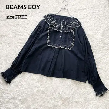 BEAMS BOY 빔즈 보이 프릴 긴팔 블라우스 자수 네이비